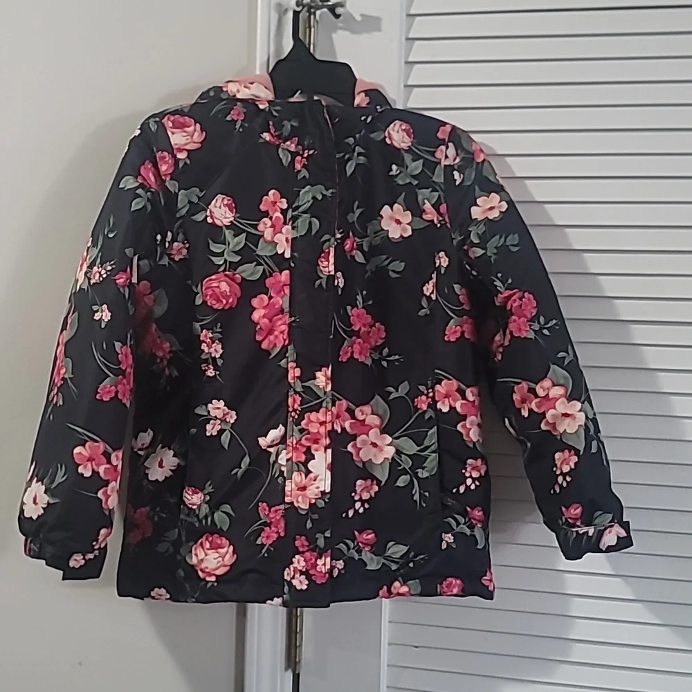 The Children's Place Black Hooded Floral Puffer Jacket with Pink Lining.
